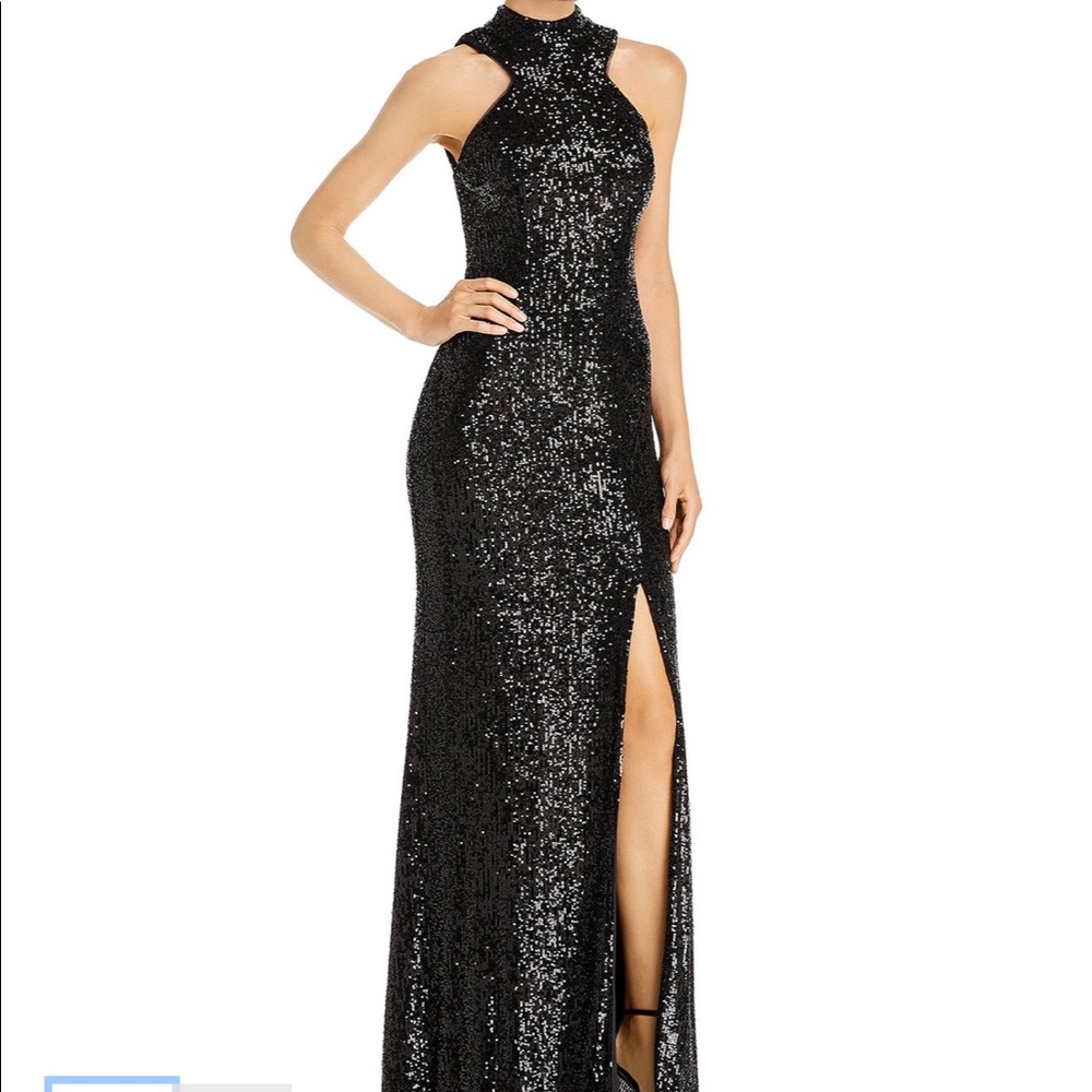 Aqua black sequin evening gown.
